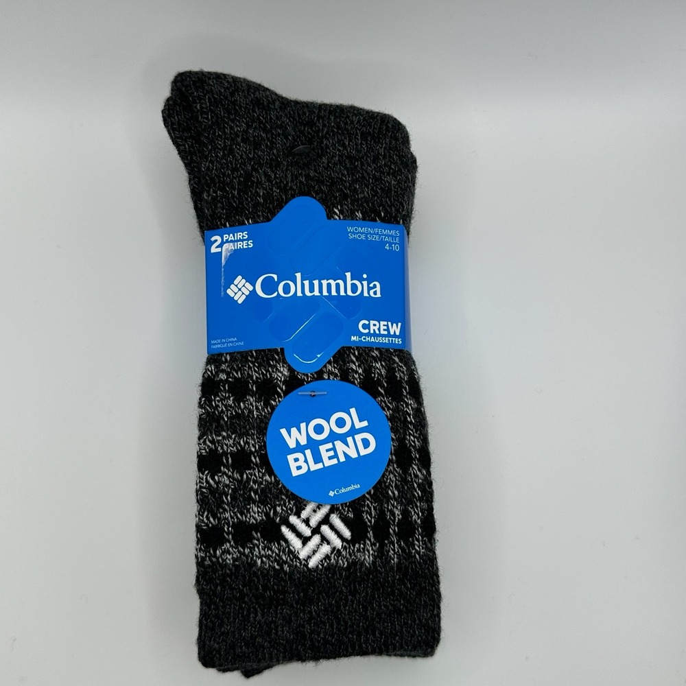 Columbia Crew Socks Women Size 4-10 Black‎ Grey NWT Wool Blend 2-Pack